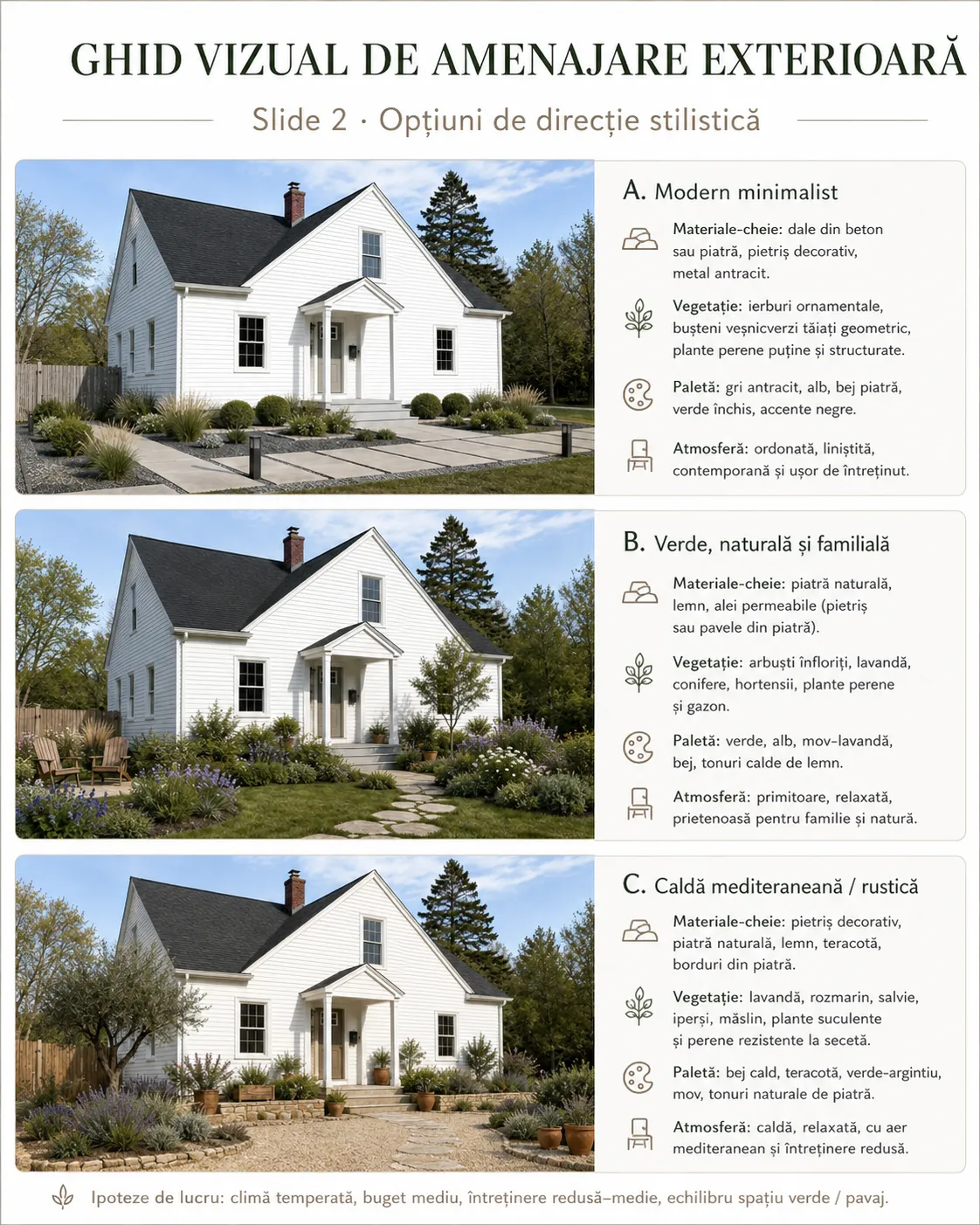 Slide 2 — trei opțiuni de direcție stilistică pentru aceeași casă: A modern minimalist, B verde și familial, C cald mediteranean, fiecare cu materiale, vegetație și paletă