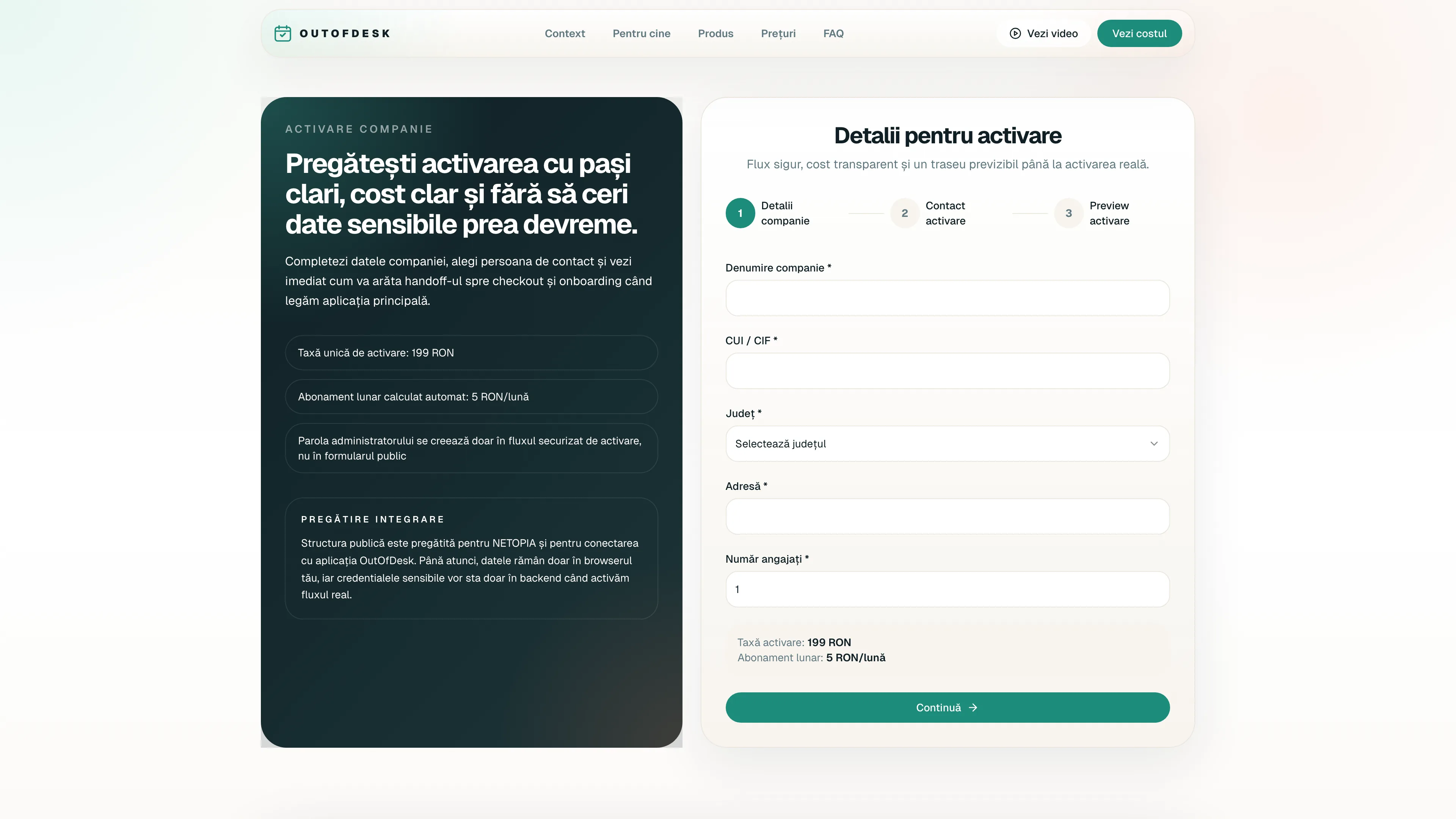 Pasul de activare a companiei în onboardingul OutOfDesk.